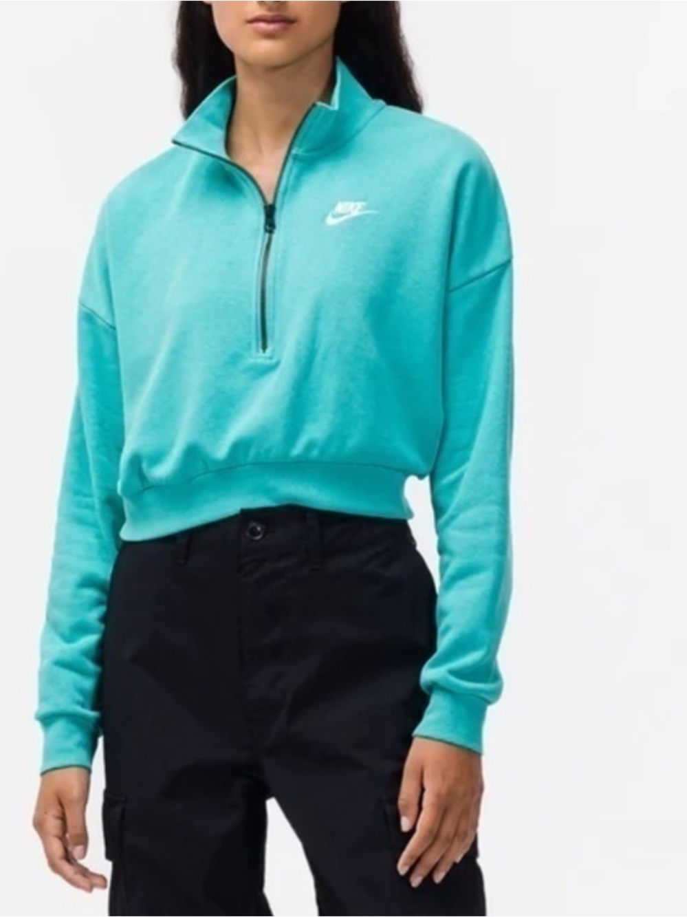 Nike Women Sportswear Essential Fleece Oversized 1/2-Zip Crop Sweatshirt Teal Lg